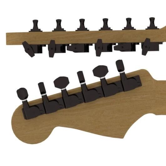 Hipshot Tuner Upgrade Kit, with Universal Mounting Plates, 6-in-Line, Non-staggered Posts - Black