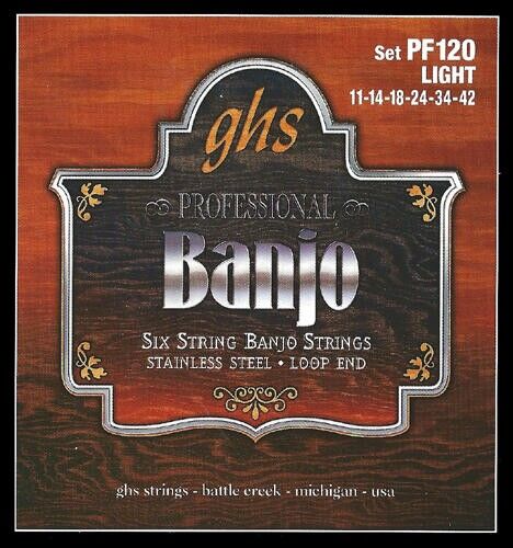 GHS Professional - PF120 - Banjo String Set, 6-String, Loop End, Stainless Steel, Light, .011-.042