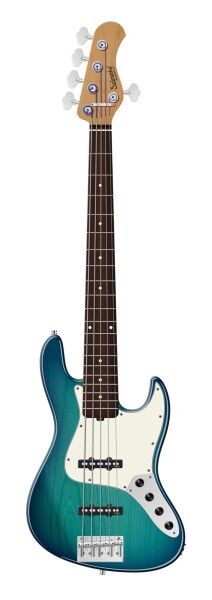 Sadowsky MasterBuilt 20-Fret Ultra Vintage J/J Bass, Red Alder Body, Morado Fingerboard, 5-String - Bora Blue Burst Transparent High Polish