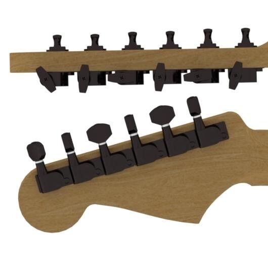 Hipshot Tuner Upgrade Kit, with Universal Mounting Plates, 6-in-Line, Staggered Posts - Black
