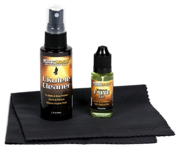 MusicNomad Premium Ukulele Care Kit, 3 pcs. (MN142) - incl. Ukulele Cleaner (MN121), Fretboard F-ONE Oil (MN403) & Microfiber Suede Cloth