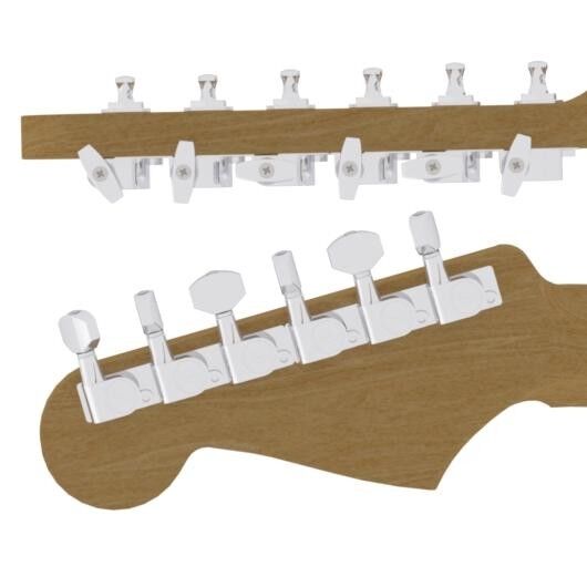 Hipshot Tuner Upgrade Kit, with Universal Mounting Plates, 6-in-Line (left / bass side), staggered posts - Chrome