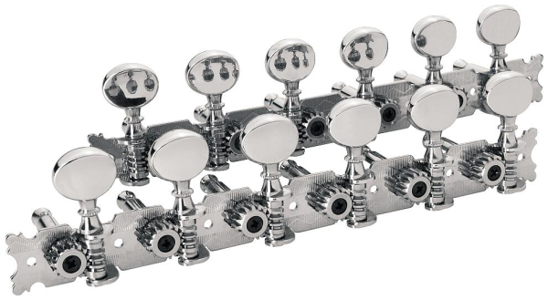 Framus Vintage Parts - Tuners with Oval Nickel Knob - Guitar Machine Heads, 6-in-Line, Bass and Treble Side (Left and Right) - Nickel