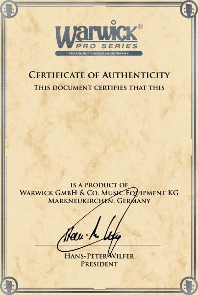 Warwick Teambuilt Instrument Certificate