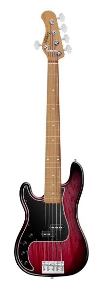 Sadowsky MasterBuilt 20-Fret Ultra Vintage P Bass, Swamp Ash Body, Roasted Maple Fingerboard, 5-String, Lefthand - Burgundy Blackburst Transparent High Polish